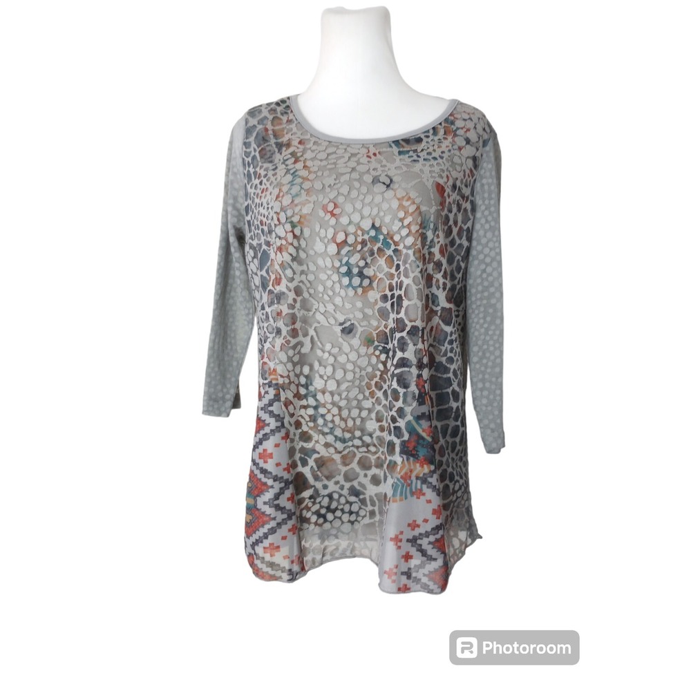 Ali Miles Top Women's  Petite Small Mesh Layer Leopard Gray Burnout Art Y2K
